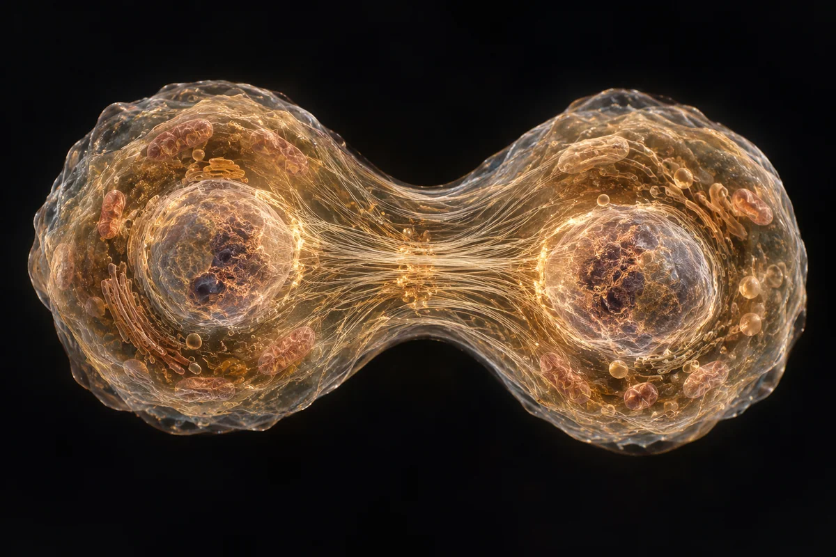 A translucent dividing cell with two nuclei and delicate internal filaments.