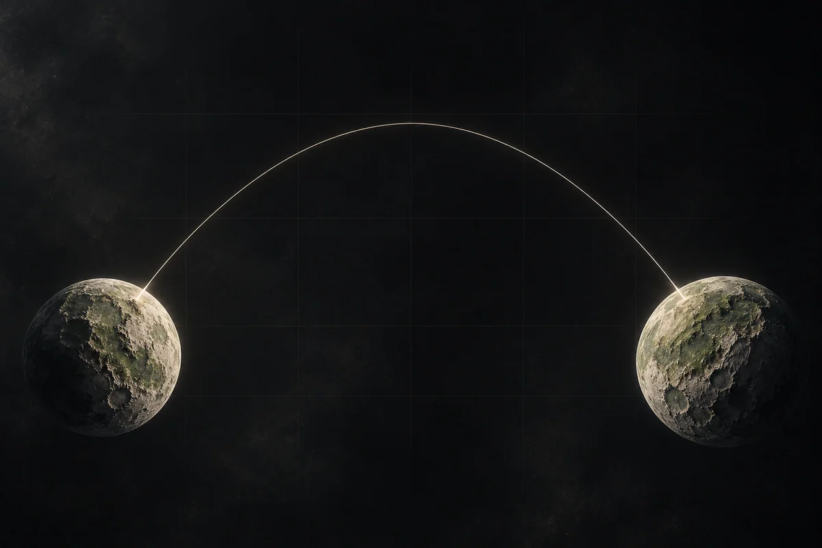 A precise curved trajectory connecting two rocky worlds.