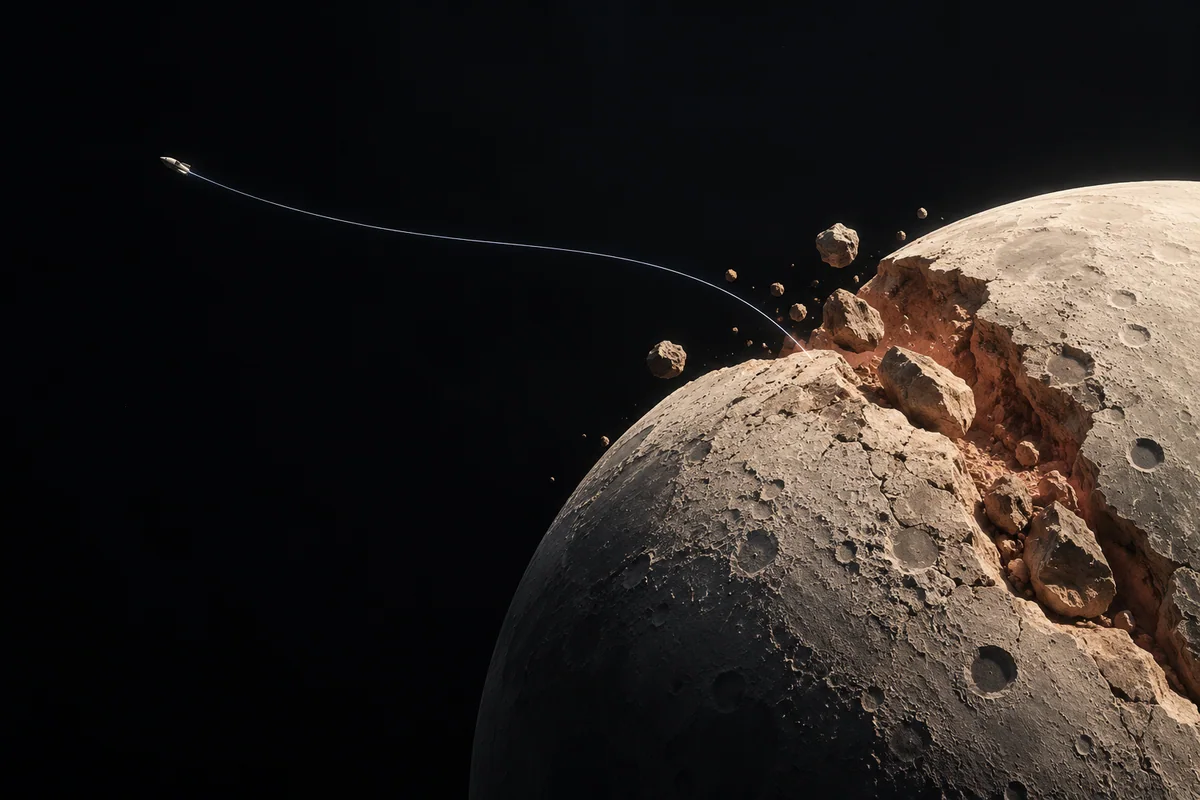 A fractured rocky world and a small escape pod tracing an elegant flight path.