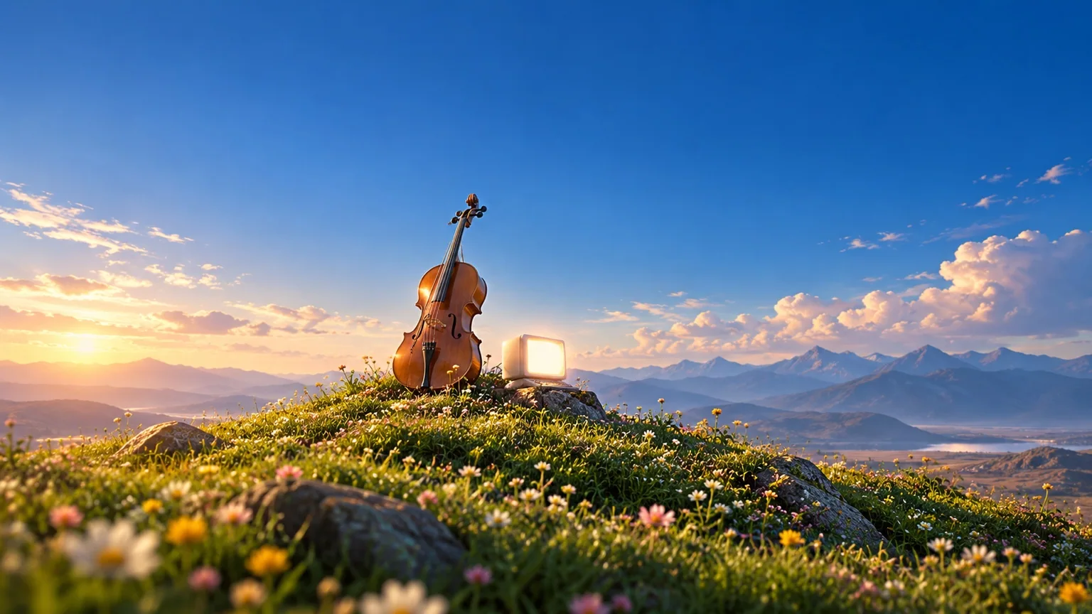A cello and a glowing vintage computer among wildflowers, above mountains at sunset.
