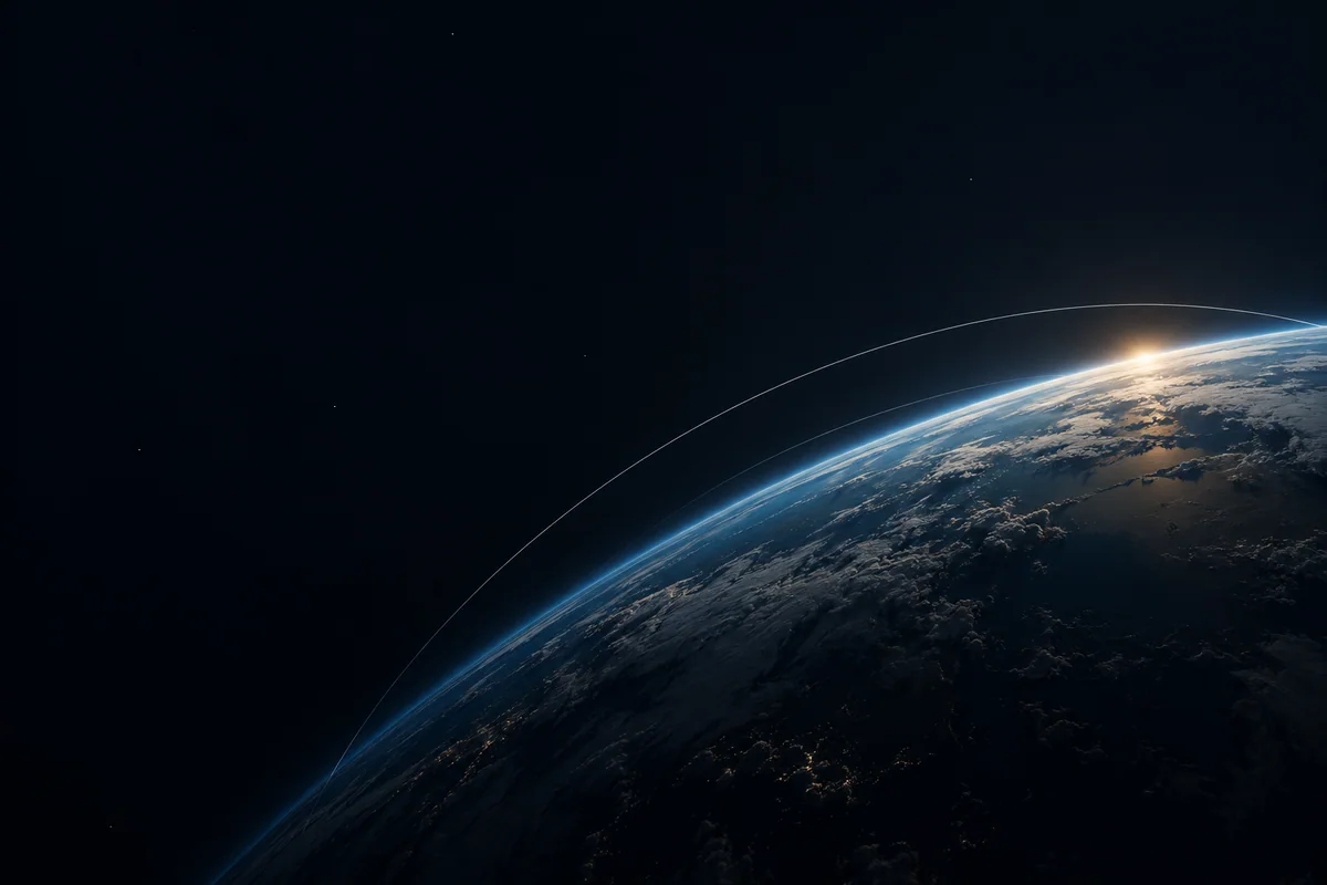 The sun rising over Earth's curved horizon with a fine orbital path.